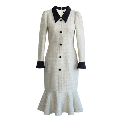 罗衣优雅拼接粗花呢鱼尾摆连衣裙