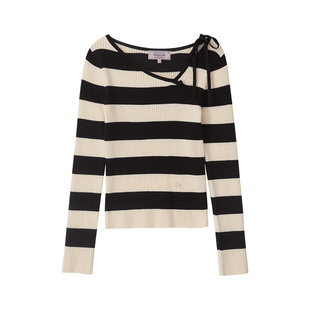 [张元英同款]ROLAROLA条纹针织衫绑带蝴蝶结上衣修身斜领短款毛衣
