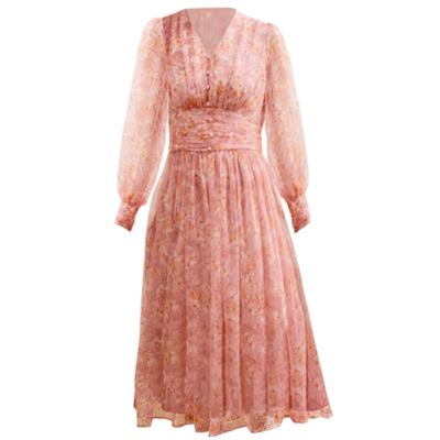 春季大码女装2026新款微胖mm法式V领连衣裙遮肚显瘦碎花长裙200斤