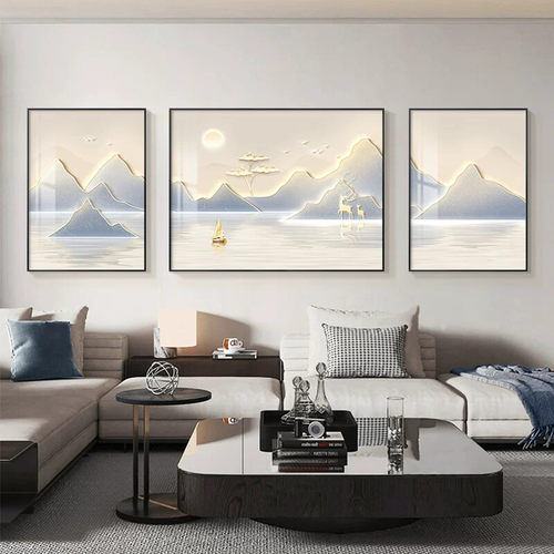 山水画客厅大白墙装饰画西墙流水生财寓意好三联画沙发背景墙挂画