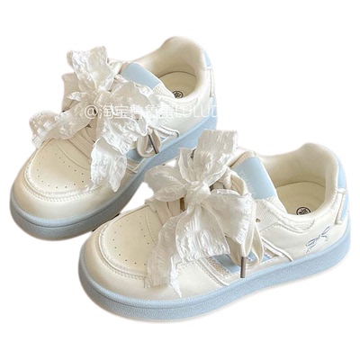 鲁鲁蛋 蝴蝶结厚底板鞋女款2025新款春夏百搭小白鞋韩系面包鞋子