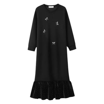 黑色大码宽松假两件长款卫衣裙女春秋烫钻金丝绒鱼尾长袖连衣裙冬