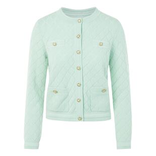 LIME莱茵年早春新款针织开衫水绿色菱纹格圆领优雅小香风毛衣