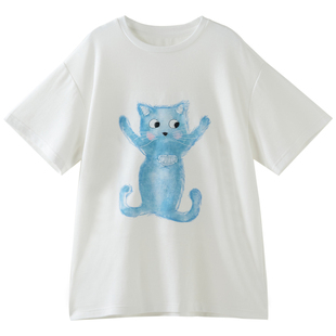 女大童韩版猫咪短袖2026夏季新款青少年刺绣宽松大版T恤学生上衣