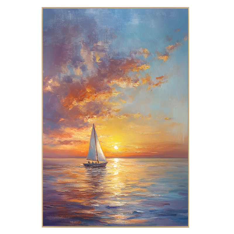 一帆风顺手绘油画客厅玄关帆船画