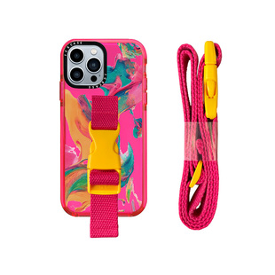 抽象水墨涂鸦苹果16promax手机壳玫红气质适用于iphone14腕带13斜背plus多功能支架15p笔触文艺13pro同款16