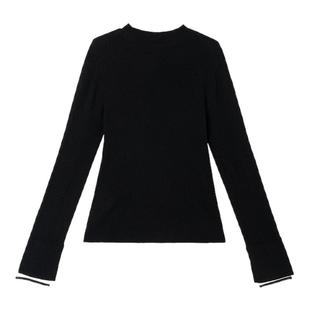 OTT2025冬季新品女装黑色圆领气质长袖上衣显瘦拼接套头毛针织衫