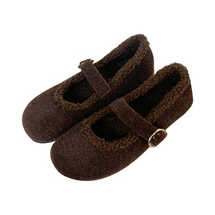 毛绒玛丽珍鞋大码女鞋41-43码单鞋25冬新款复古毛毛鞋40 42宽胖脚