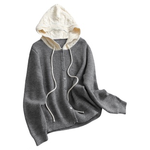 「格雷系穿搭」撞色连帽宽松显瘦2025秋新款长袖针织衫毛衣女B176