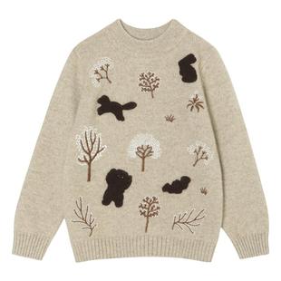 康赛妮儿童100%山羊绒衫男女童圆领毛衣宝宝针织手工刺绣双股打底