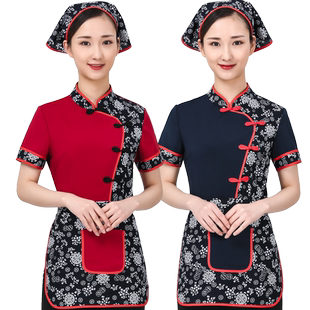中式服务员工作服短袖火锅饭店中国风餐厅农家乐工服夏季套装复古