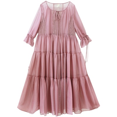 棉麻记春夏装长款蕾丝拼接a字裙