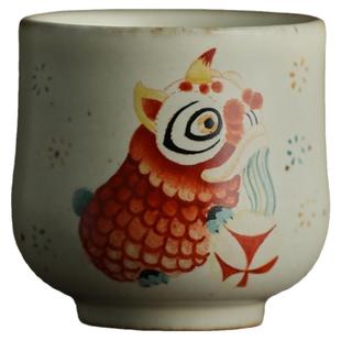 景德镇粗陶手绘单杯中国风复古品茗杯釉上彩狮子主人杯闻香杯