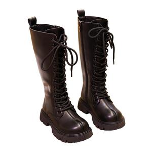 女童高筒靴子童鞋2025秋冬季新款加绒过膝长筒靴儿童洋气黑色皮靴