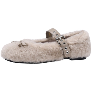 BellaLily年新款小香风玛丽珍单鞋女加绒秋冬淑女毛毛平底鞋