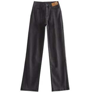 2025秋冬新款烟灰色九分直筒牛仔裤女新款加厚绒高腰显瘦烟管长裤