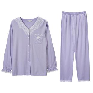 达尔丽2025春夏纯棉长袖睡衣女薄款春秋蕾丝V领女家居服商城同款
