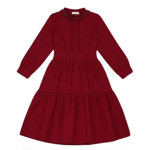 女童红色连衣裙秋冬新款花边领过年裙子宽松休闲法式赫本风长裙子