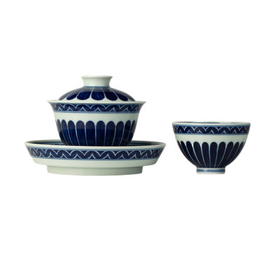 三勤堂青花手绘菊瓣宝相茶具套组