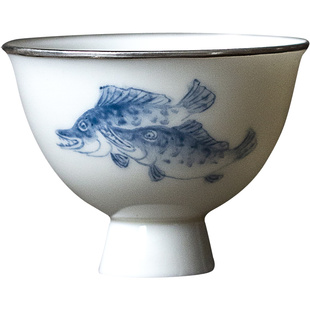 雅韵阁 中式青花包银口主人杯白瓷茶室定窑杯手工薄胎禅意高脚杯