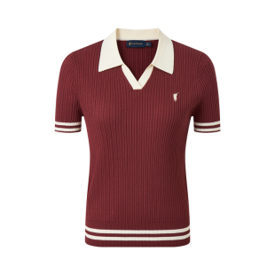 POLOWALK女式短袖针织衫2026春季新品V领撞色提花条纹套头上衣