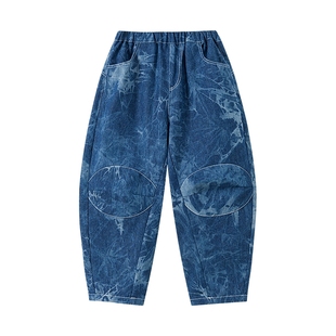 马拉丁漫画家秋儿童牛仔裤靛蓝水墨手工扎染工装中大童牛仔裤