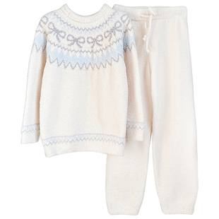 畹町睡衣女秋冬季保暖加厚绒费尔岛风提花长袖套衫长裤套装家居服