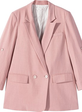 爱居兔秋季女装粉色少女感正肩宽松型双排扣西服通勤时尚外套