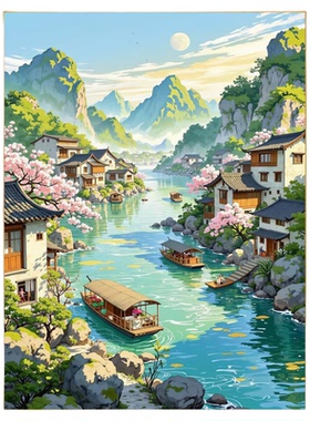 国风山水DIY数字油画成人涂色