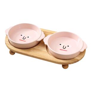 Miapet卡通表情包宠物碗带托盘陶瓷猫碗喝水碗猫咪食盆狗碗护颈椎