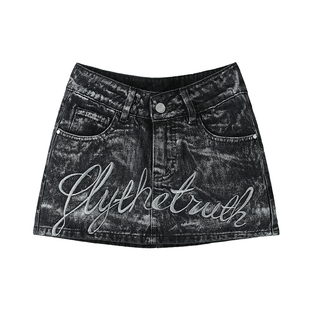 FTT FlyTheTruth『褪蓝期』 烫银字母刺绣牛仔短裙女夏美式半身裙