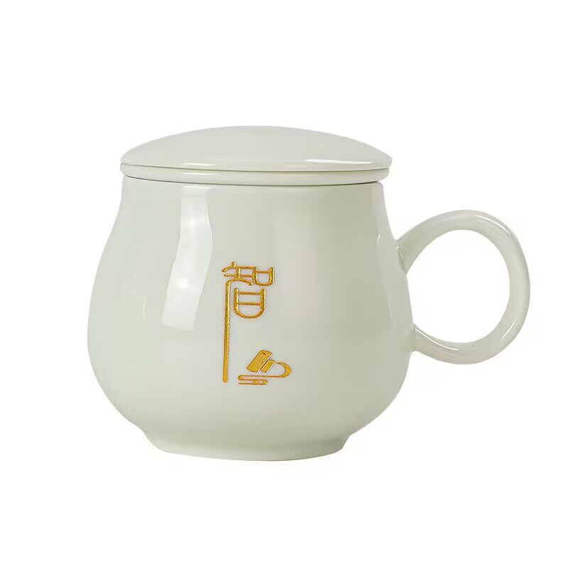 茶水分离陶瓷中式圆肚杯