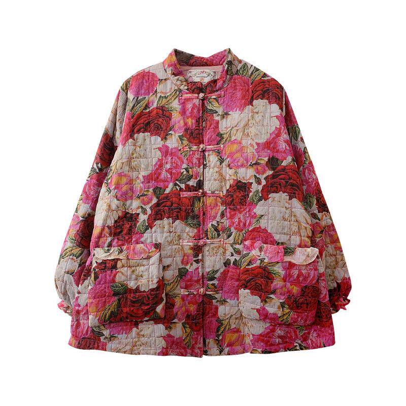 桑蚕丝棉服女复古印花立领盘扣宽松显瘦棉衣时尚百搭保暖短款外套