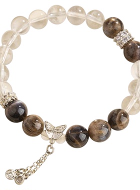 五台山白水晶黑骨干蝴蝶手串女