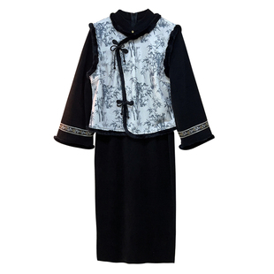 【自制款】新中式国风马甲+旗袍连衣裙大码胖mm冬季新品200斤显瘦