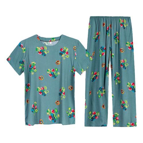 中老年夏季绵绸短袖睡衣女大码可外穿妈妈装棉绸套装家居服人造棉