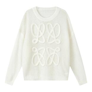 佧茜文马海毛羊毛针织衫潮流秋季新款慵懒风圆领立体花型毛衣女