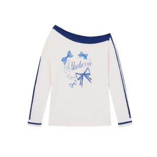 ablueberry斜肩设计感针织上衣女韩系甜美蝴蝶结慵懒风白色毛衣