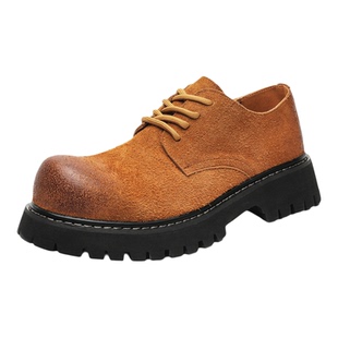 棕色德比鞋男款翻毛皮厚底增高大头工装鞋高级感圆头通勤休闲皮鞋
