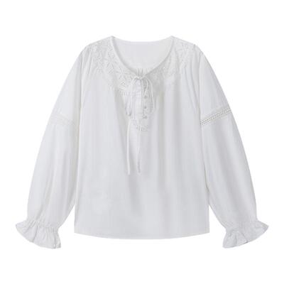 弥古法式白色蕾丝衬衫女泡泡袖镂空长袖上衣春季正肩内搭纯棉衬衣