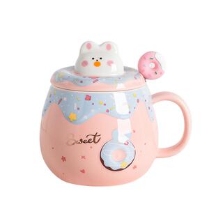 少女心带盖勺马克杯甜甜圈兔陶瓷水杯男女学生咖啡杯家用喝水杯子