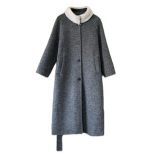 好在 北海道情书 小个子毛领可拆卸两穿花灰羊驼毛双面呢系带大衣