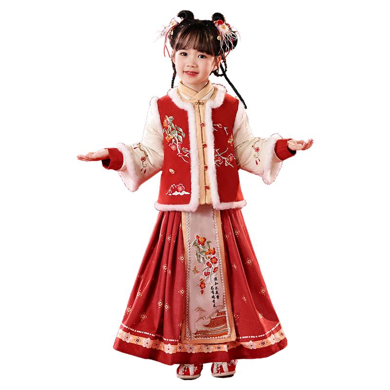 女童汉服冬装2025新款儿童红色中国风喜庆拜年服套装加厚过年唐装