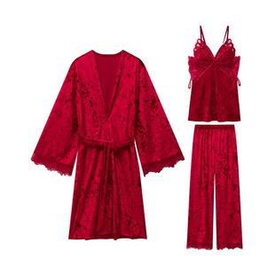 秋冬季金丝绒情侣睡衣男女红色结婚新婚本命年三件套装晨袍家居服