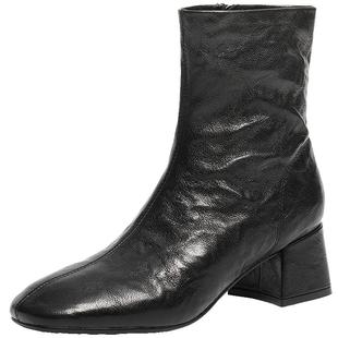 百丽超软羊皮加绒时装靴冬季新款显瘦粗高跟防滑短靴子F2Q1DDZ5