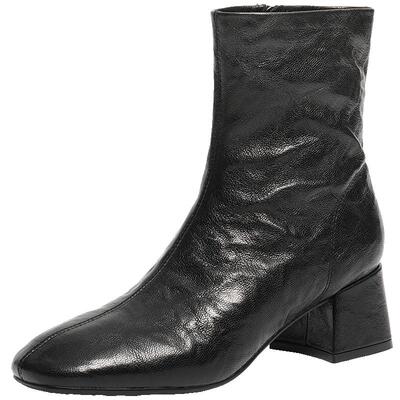 百丽超软羊皮加绒时装靴冬季新款显瘦粗高跟防滑短靴子F2Q1DDZ5