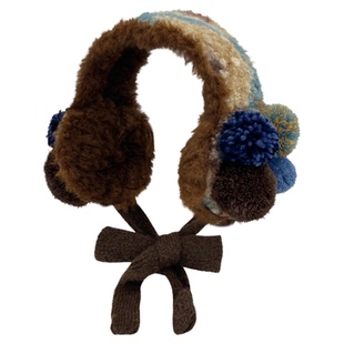 美拉德混彩毛球绑带毛绒耳罩女冬季骑行防寒护耳加厚保暖耳包耳套