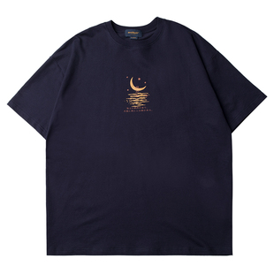 蒙马特先生 夏季新款月亮星星印花T恤衫 港风男女情侣宽松短袖tee