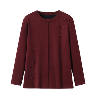 大码女装立体装饰加绒加厚打底衫胖妈妈遮肚子上衣中老年套头T恤