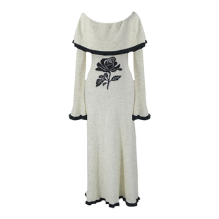 SYT自制 大圆领围脖花朵羊毛针织连衣裙女冬喇叭袖收腰A型修身裙